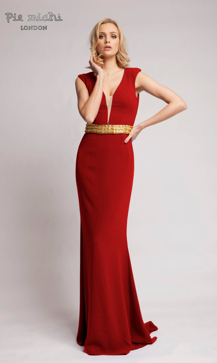 2749B Red Pia Michi Plunge Neck Evening Dress & Gold Belt