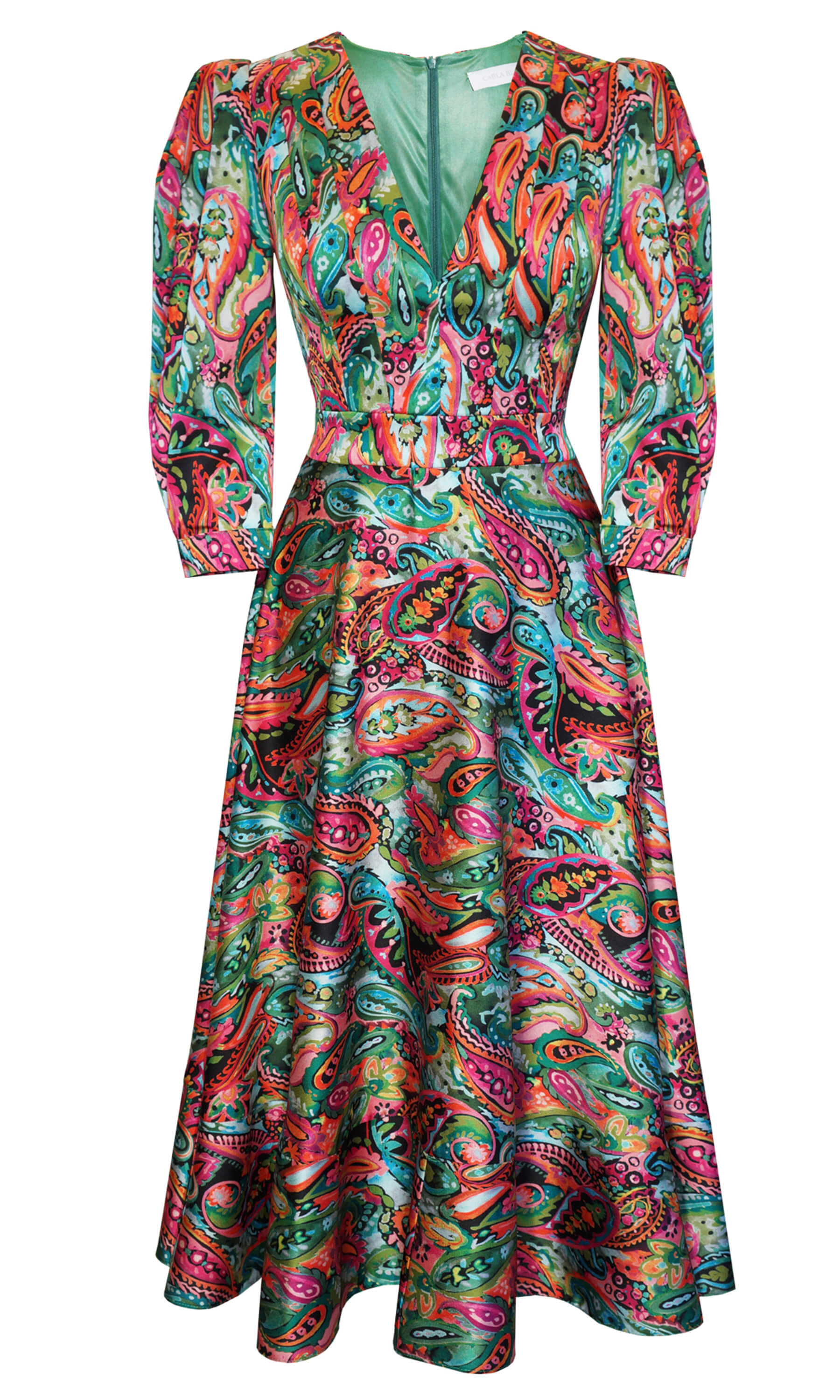 Carla Ruiz 99062 Green Paisley Print Satin Plunge Neck Dress Fab